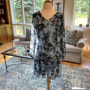 INC Chiffon 2 Tone Blue Floral Dress A-Line XL